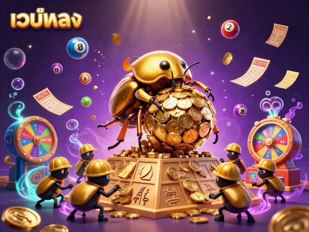 Spin the reels and win big with เว็บตรง featuring golden dung beetles and vibrant casino elements.