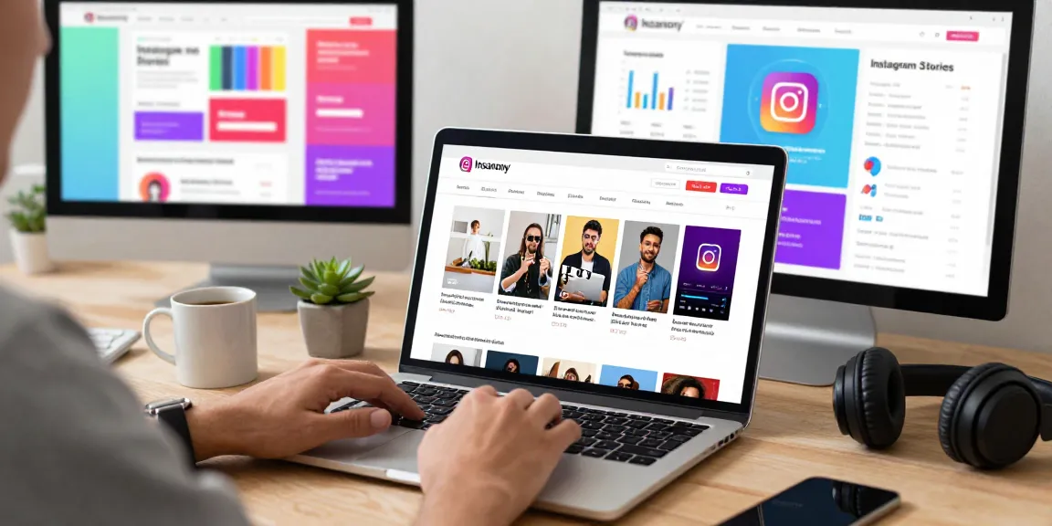 Engaging scene of a user accessing Insanony for anonymous Instagram story viewing in a modern workspace.