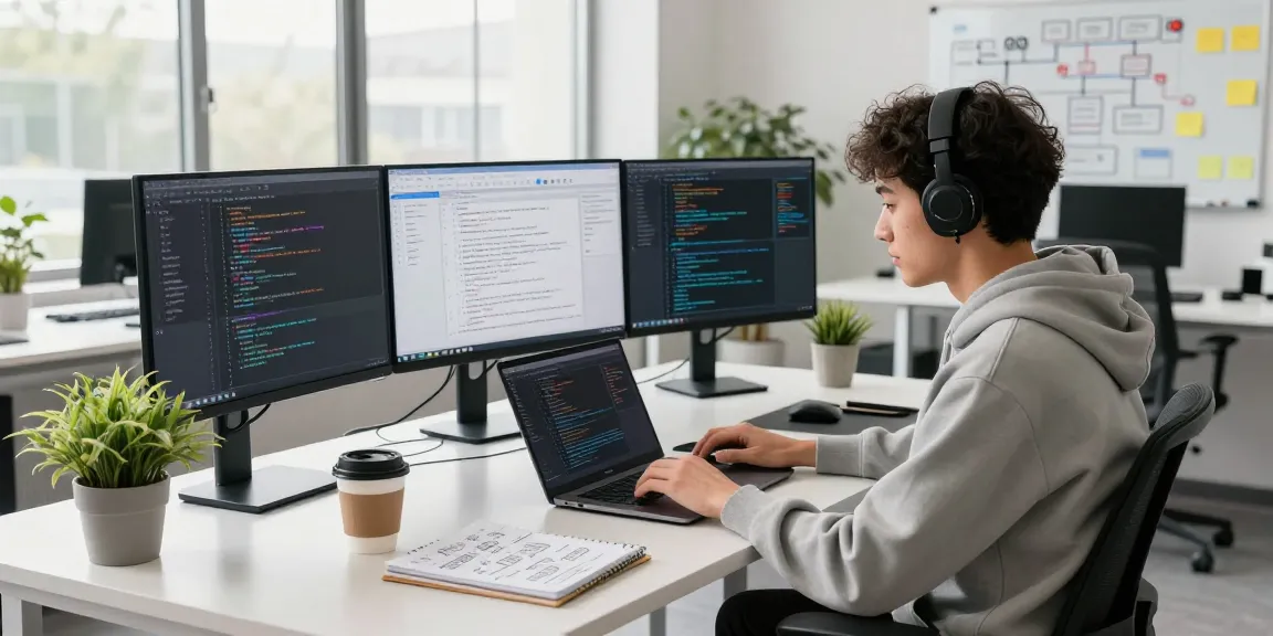 Build internal tools with AI in a dynamic tech workspace showcasing a developer coding at multiple screens with collaborative elements.