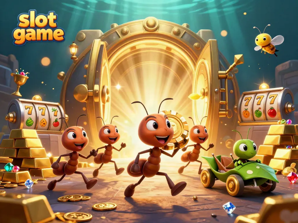 Engage with exciting slot games while ants carry a giant poker chip in this vibrant scene.