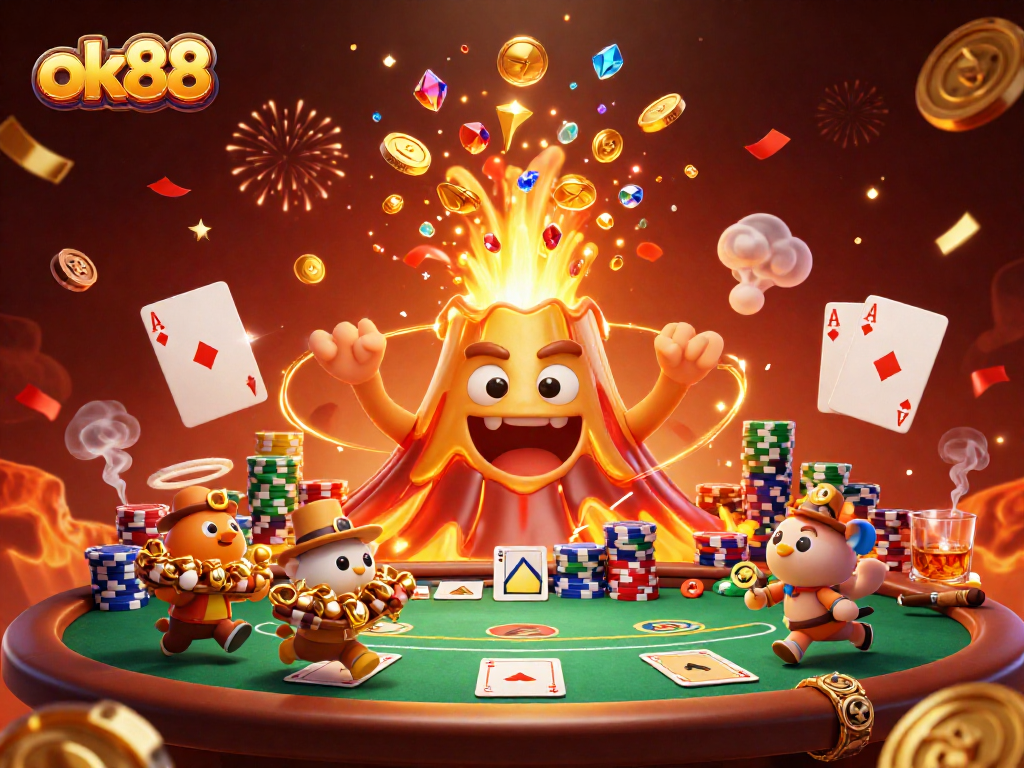 Experience thrilling wins with ok88 in this vibrant 3D casino illustration showcasing epic games and treasures.