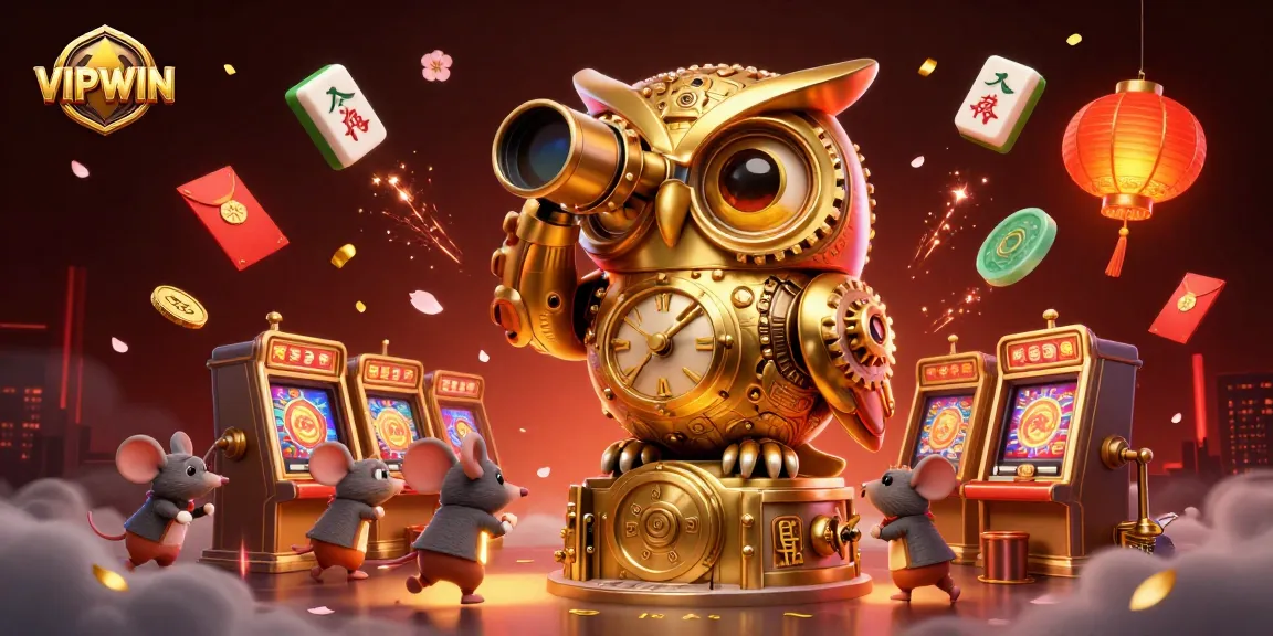VIPWIN showcases its vibrant gaming world with a 3D golden owl overseeing dynamic casino action.
