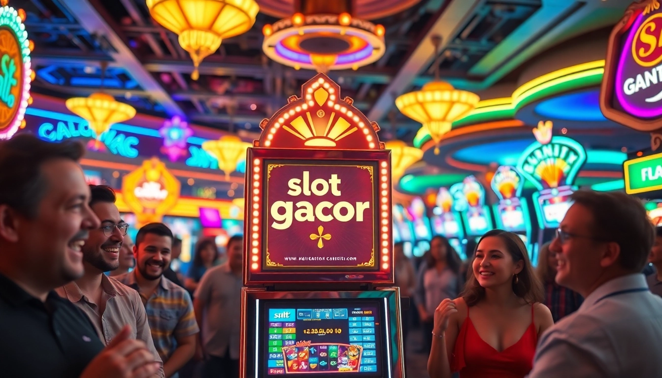 Rasakan kegembiraan slot gacor di kasino dengan mesin slot bersinar dan pengunjung bahagia.