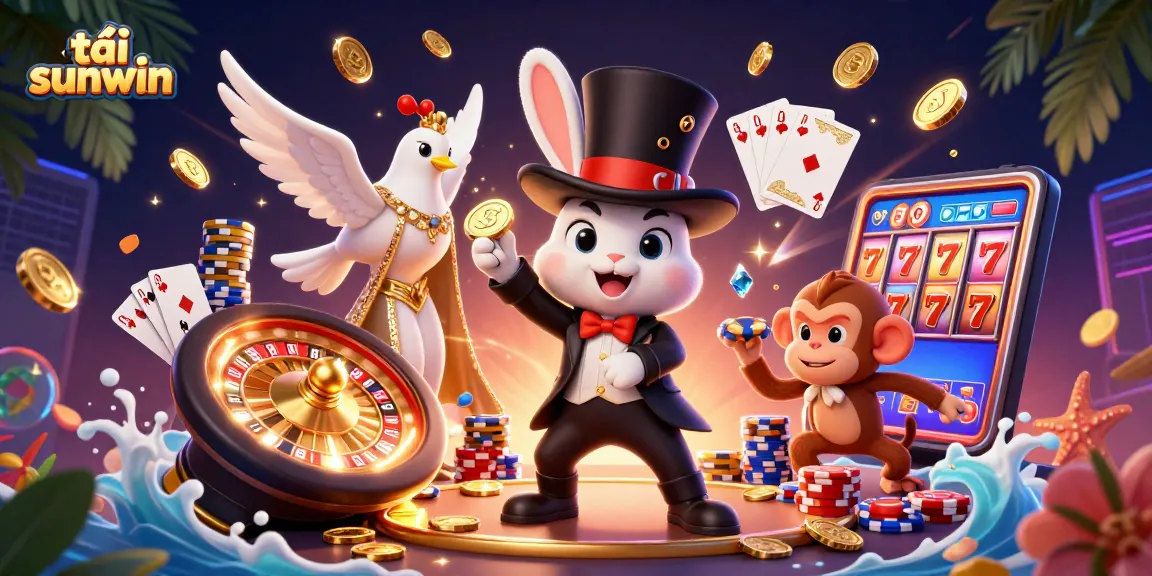 tải sunwin as a dynamic 3D cartoon scene showcasing exciting casino gameplay with magical elements