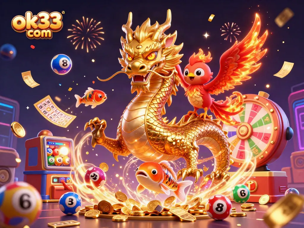 Celebrate wins with ok33 com, showcasing vibrant lottery elements in a magical casino scene.