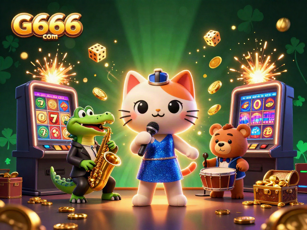 Win at G666 com with 3D characters celebrating jackpot success in a vibrant casino scene.