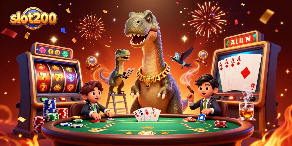 Permainan menarik slot200 dengan dinosaurus dan dealer kartu yang unik di kasino.