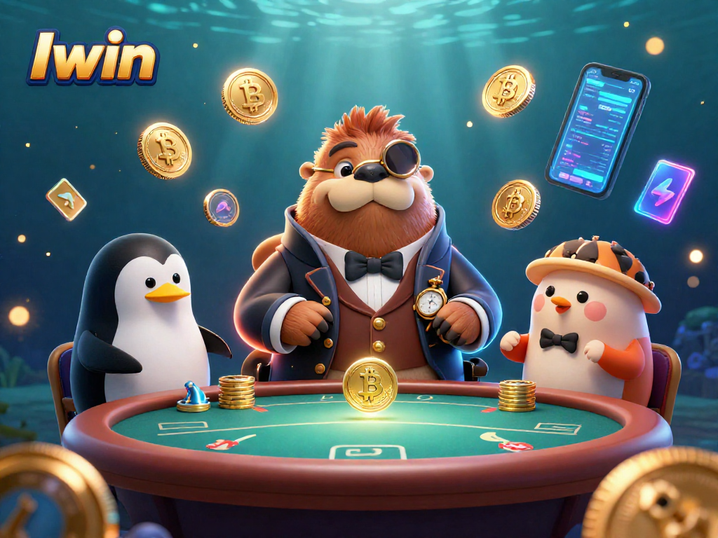 Iwin showcases a jolly walrus at an underwater poker table, surrounded by cryptocurrency elements and casino vibes.