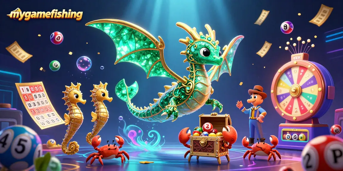 Engage in exciting mygamefishing action with a sea dragon and treasure chest surrounded by lottery elements.