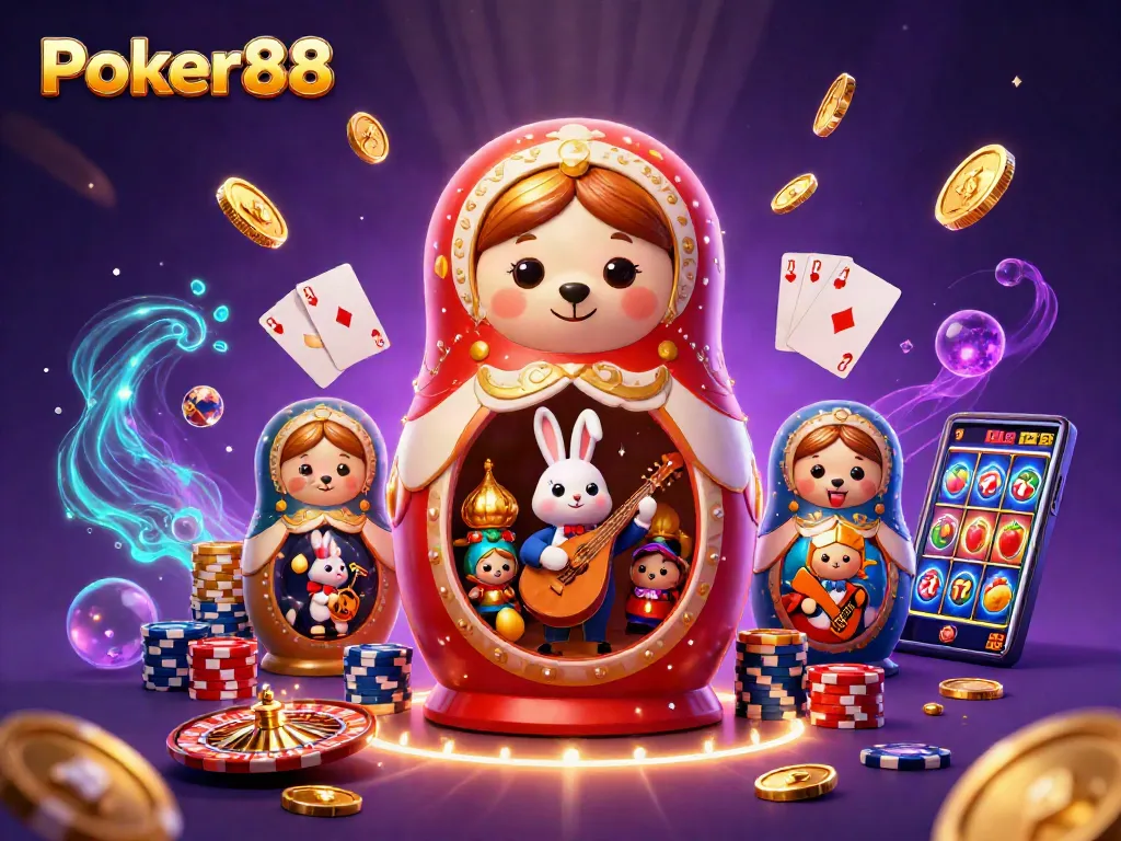Experience the excitement of Poker88 with a vibrant casino scene packed with colorful characters and game elements.