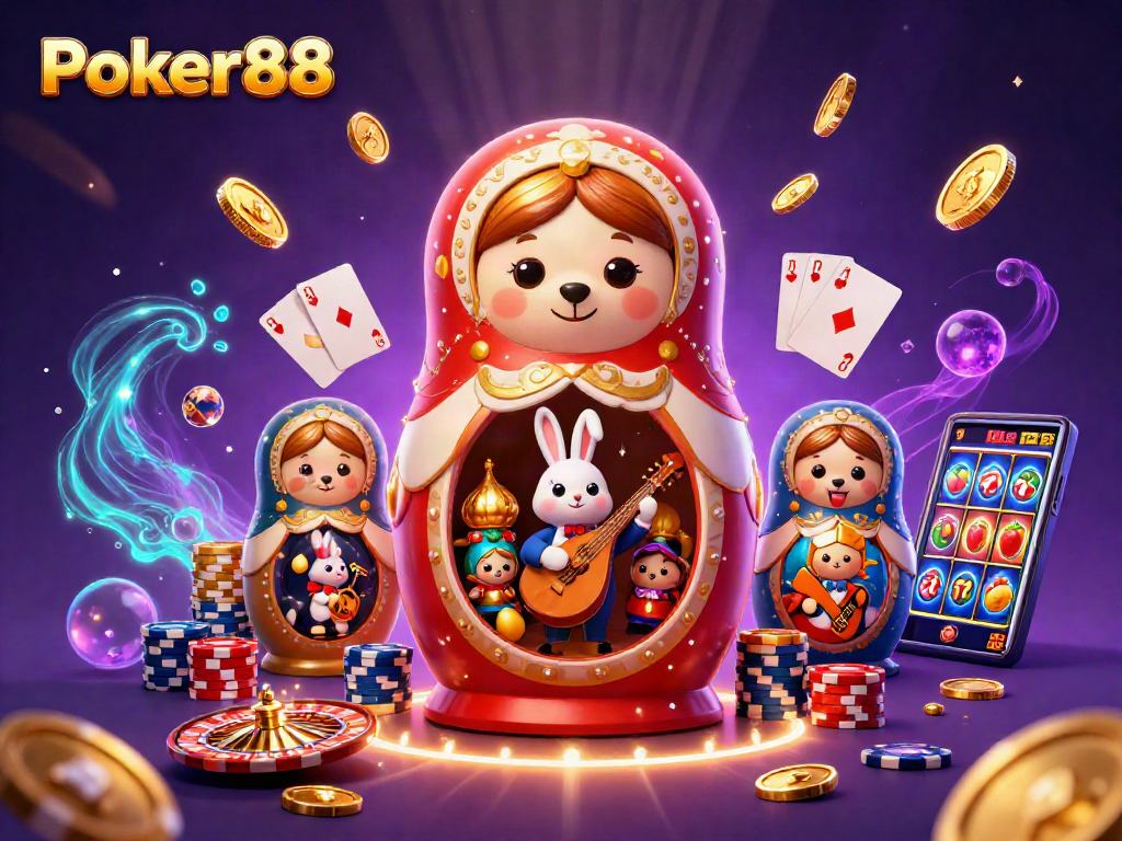 Experience the excitement of Poker88 with a vibrant casino scene packed with colorful characters and game elements.