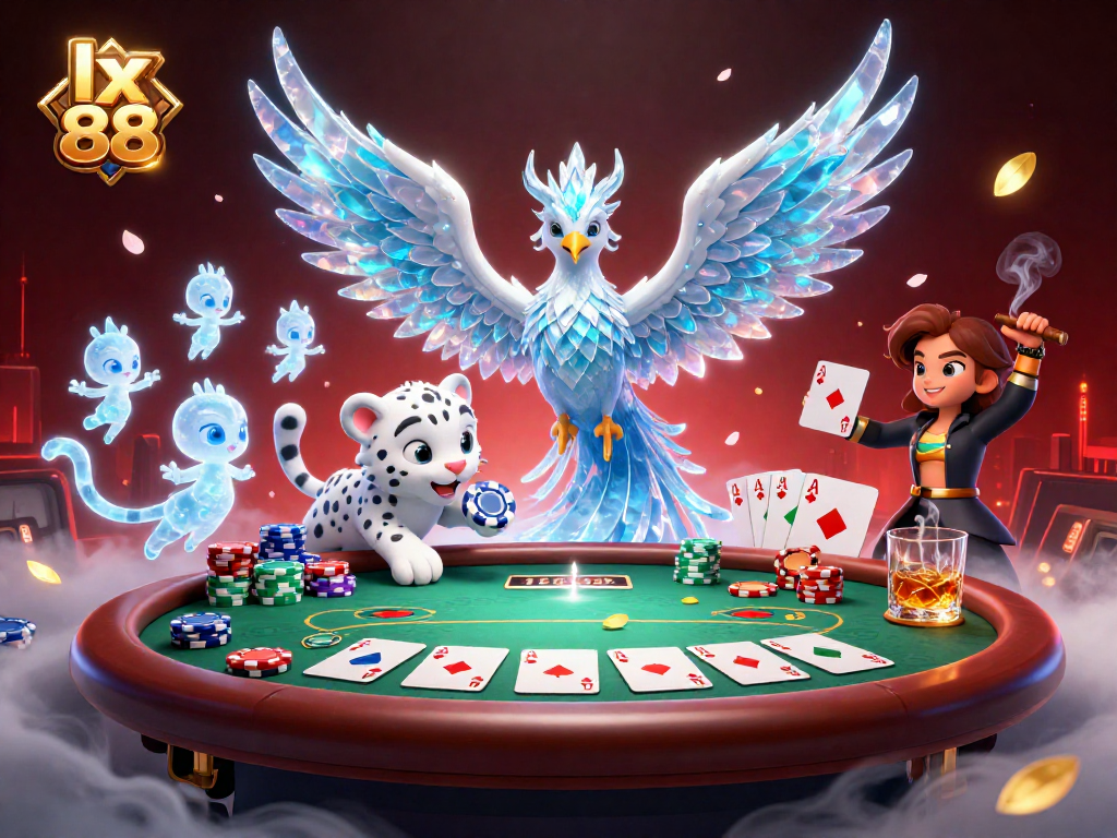 Experience thrilling gameplay at lx 88 with vibrant poker chips, an ice phoenix, and glowing sprites.
