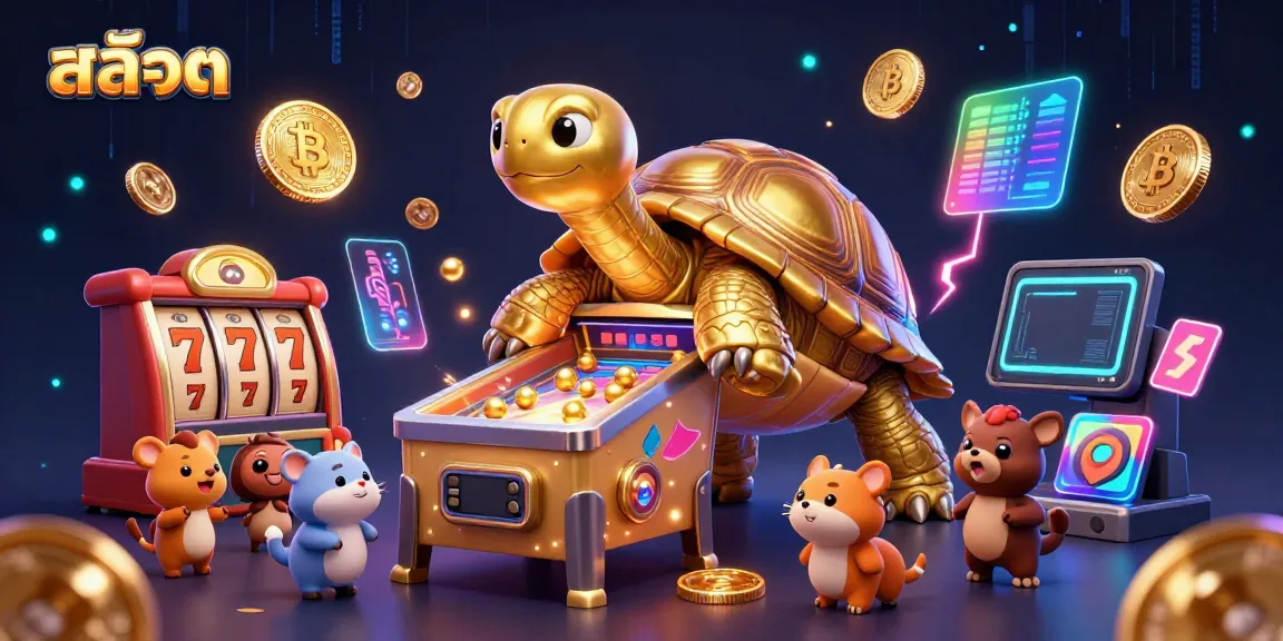 Experience the excitement of สล็อต with a vibrant 3D scene featuring a golden tortoise pinball machine and animated animals.