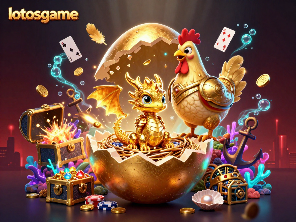 Experience the thrill of lotosgame with a dazzling dragon on poker chips amidst gold and gems.