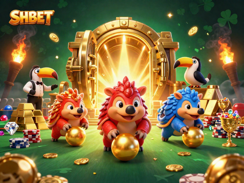 SHBET pangolins bowling through poker chips amidst golden treasures in a vibrant casino scene.