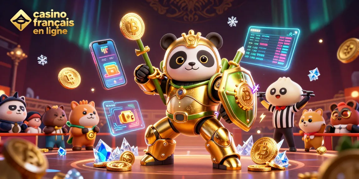 Célébrez le casino francais en ligne avec une scène dynamique de panda doré et de crypto-monnaies rayonnantes.