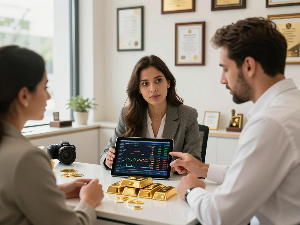 Customer consulting mantra88 gold prices in a modern trading office.
