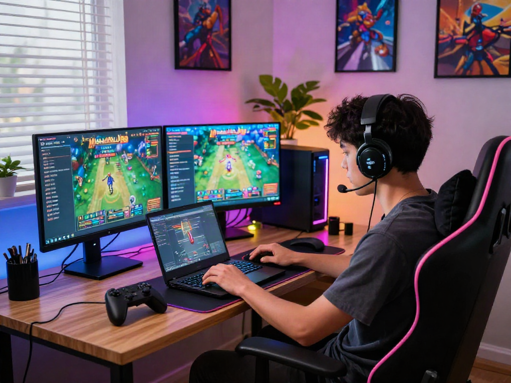 Gamer engaged in MAHJONGJP88 Online, showcasing a vibrant gaming setup with dual monitors and colorful graphics.