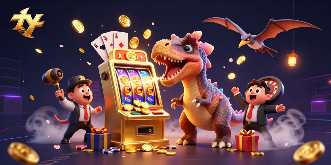 Engage with the thrilling ty le keo nha cai as cartoon dinosaurs interact with a jackpot slot machine.