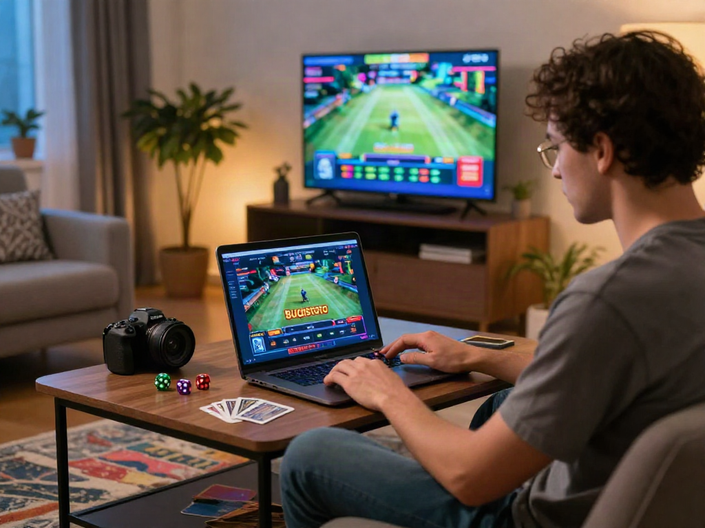 Pengguna Bugistoto yang asyik bermain togel di laptop di ruang tamu yang nyaman.