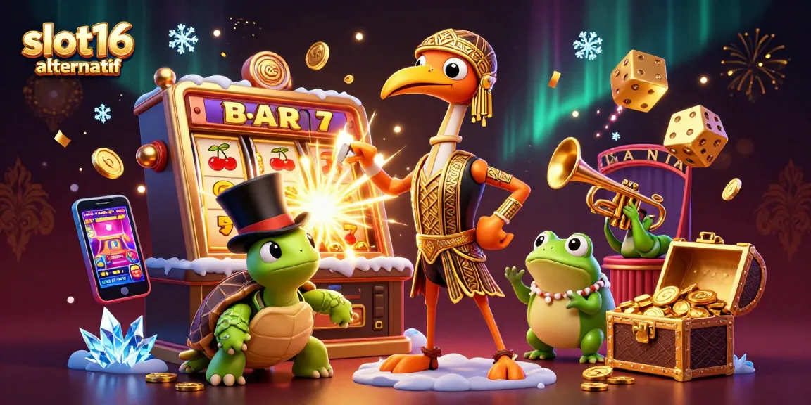 Explore the vibrant world of slot16 alternatif with animated characters and casino excitement.
