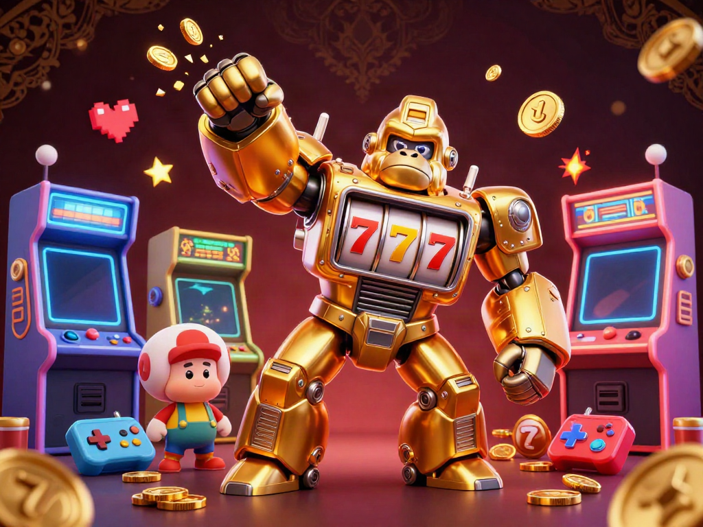 เล่นสล็อตในเกมสล็อตแมชชีน 3D ที่มีหุ่นยนต์กอริลล่าและการ์ตูนสีสันสดใส