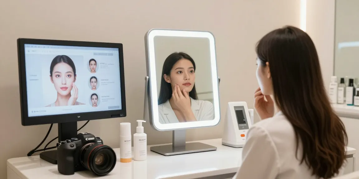 Young woman using ClinicEvo to analyze her face, showing how ClinicEvo better than QOVES enhances personalized skincare.