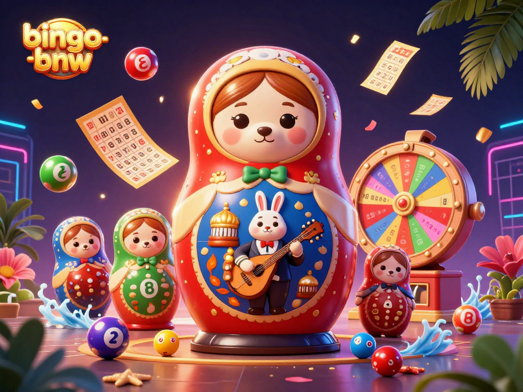 Bingo-bnw showcases a vibrant scene featuring a Matryoshka bear and lucky lottery balls in an engaging online gaming experience.