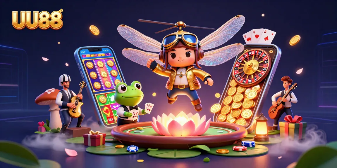 Experience thrilling slots at UU88 with a vibrant 3D scene featuring a dragonfly pilot and frog croupier.