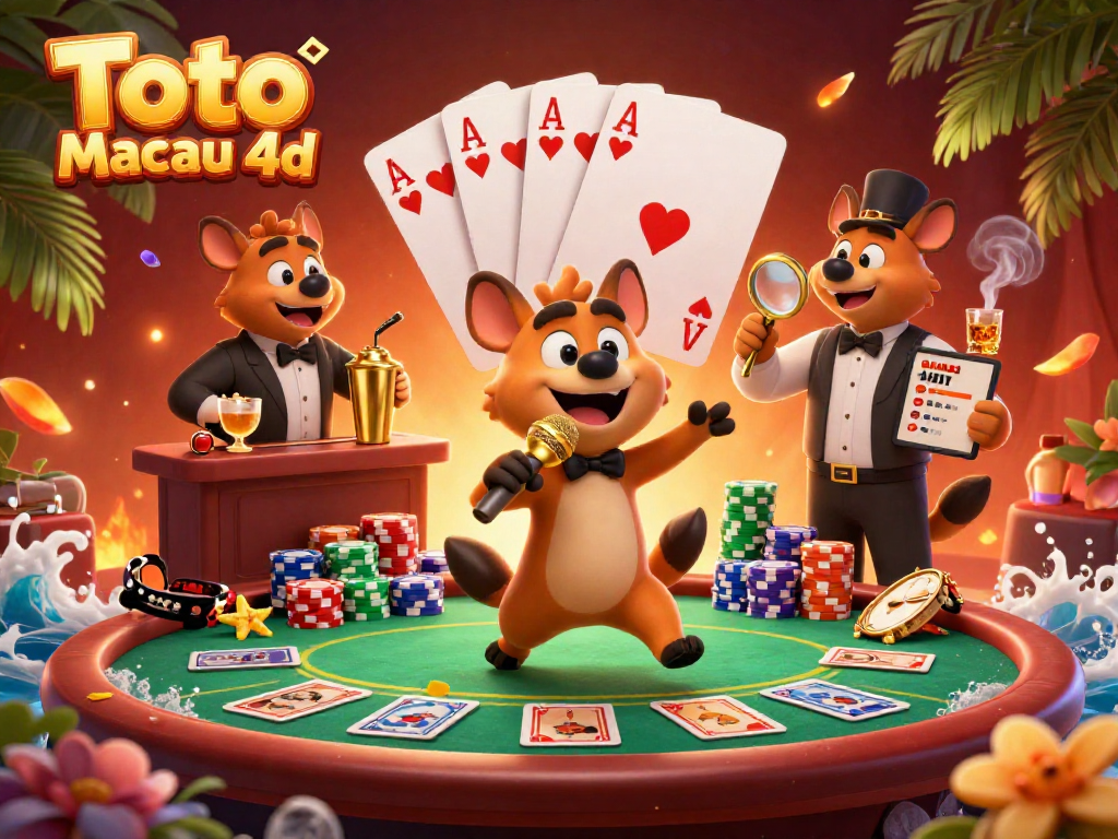 Toto Macau 4d hyena-themed comedy casino scene with vibrant poker and jackpot elements.