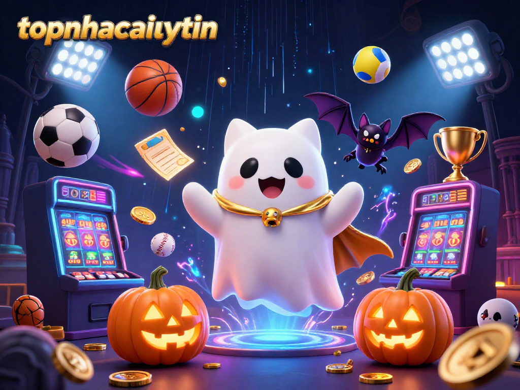 topnhacaiuytinn showcases a lively casino scene with a ghost cat and vampire bat amid sports betting excitement.