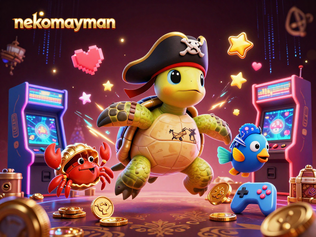 Experience the thrill of nekomayman as a cartoon pirate turtle with treasures and gaming machines surround them.