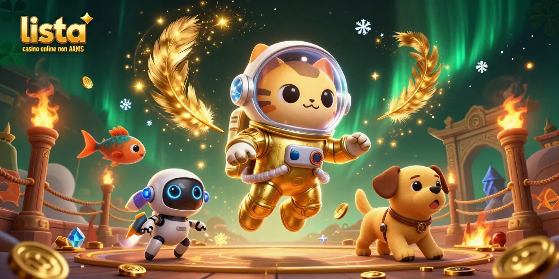 Gioca alla lista casino online non AAMS con un'illustrazione 3D di un gatto astronauta e un cane robotico in un mondo spaziale.