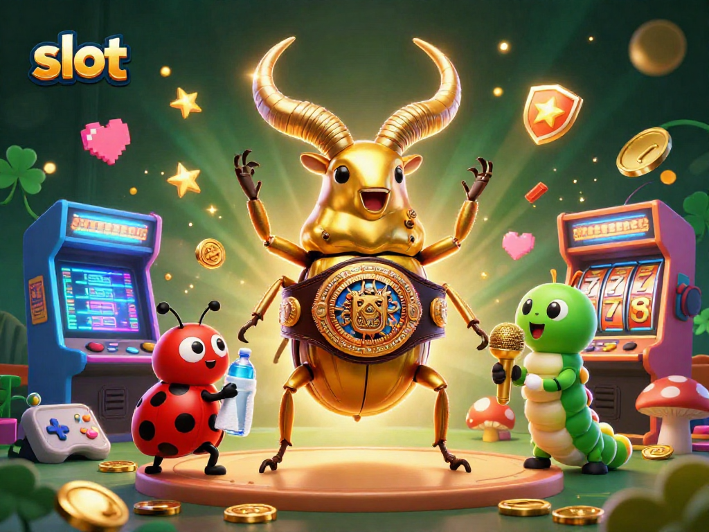Spin the slot reels with the giant stag beetle boxing champion in this energetic casino scene.