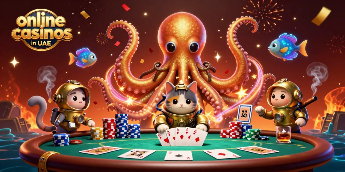 Engage with top online casinos in UAE through an animated kraken and diving cat, celebrating a poker win.