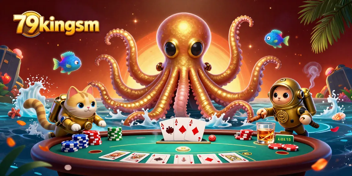 Engage in thrilling poker at 79kingsm with an exciting illustration of a colossal kraken and diving cat.