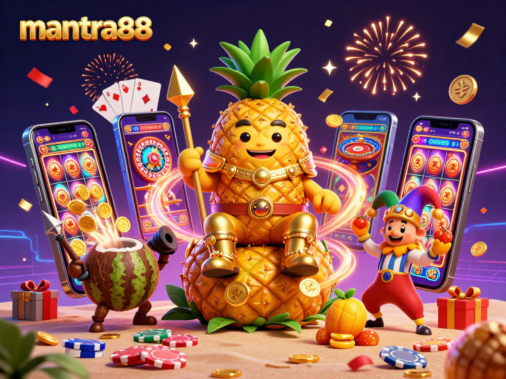 Experience the thrill of mantra88 beach casino with a vibrant scene featuring the golden pineapple king amidst rich slot game elements.