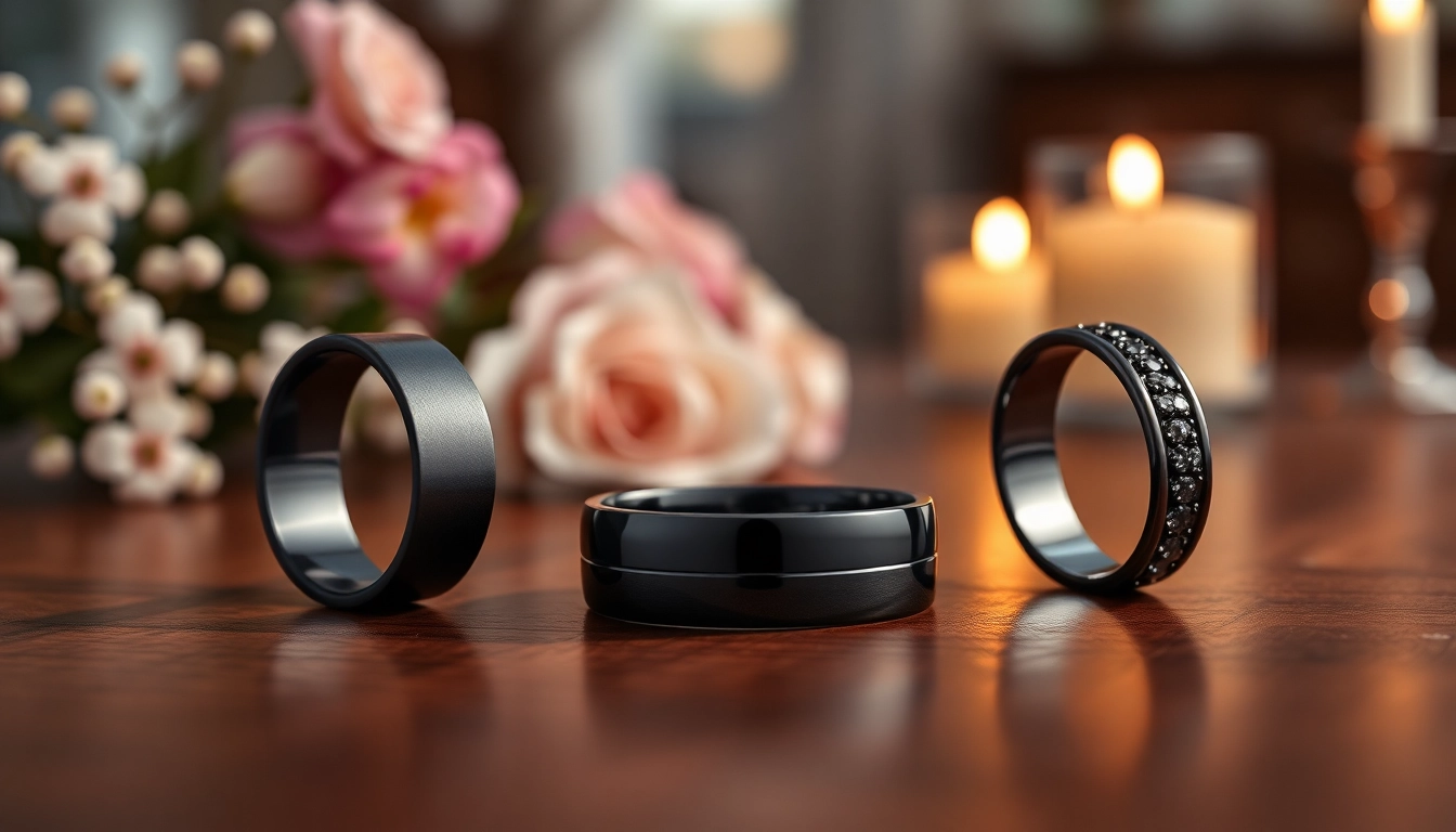 Showcase of stunning Black Wedding Rings for Men in an elegant setting highlighting their unique features.