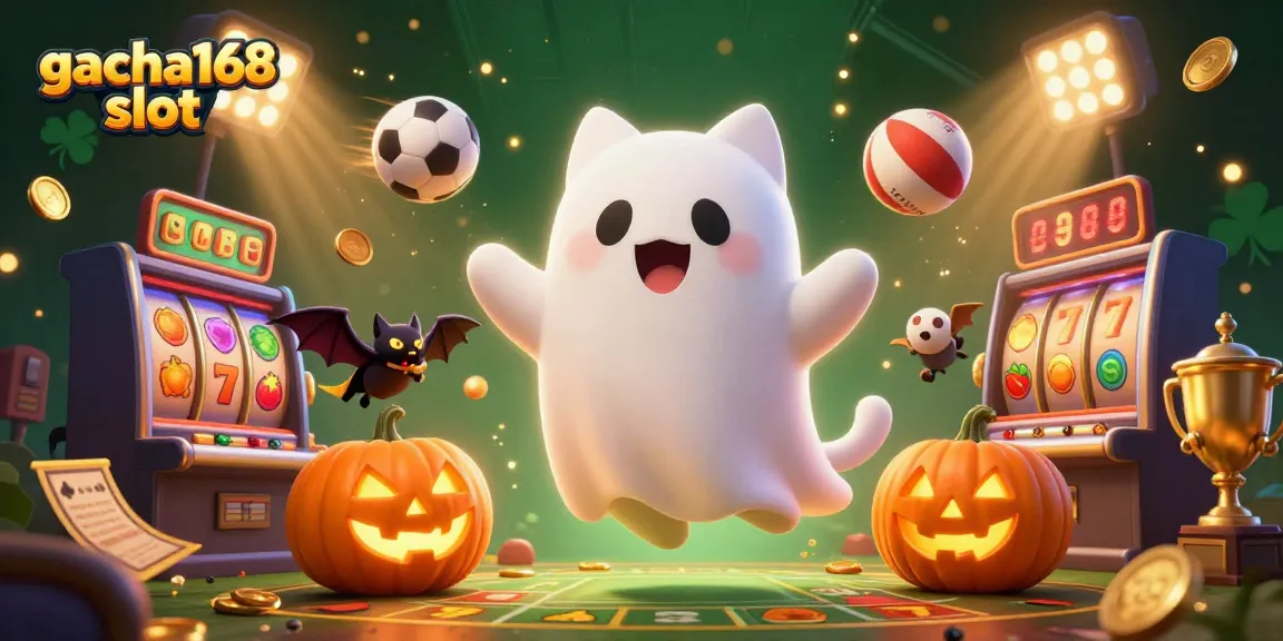 Engage with gacha168 slot in a vibrant and dynamic casino illustrated scene with a ghost cat and spooky elements.