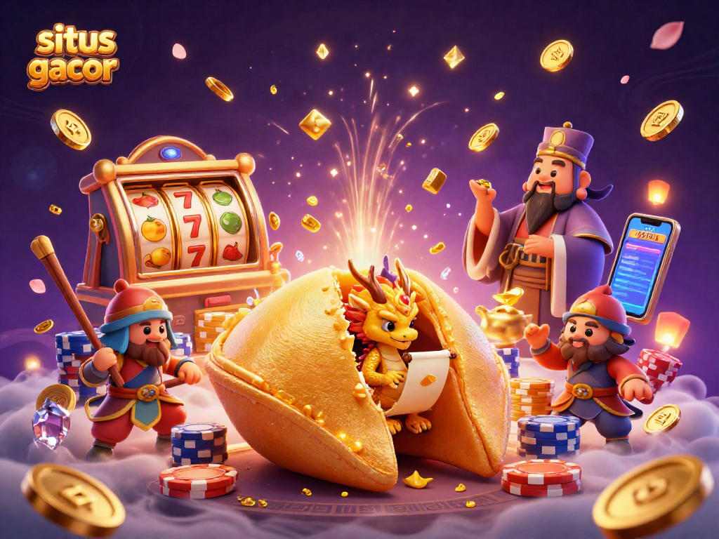 Experience situs slot gacor with 3D illustration of golden fortune cookie, wise dragon, and vibrant casino games.