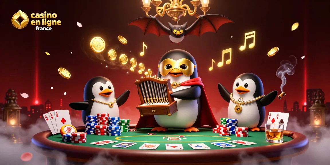 Illustration captivante représentant un casino en ligne France avec un pingouin, des pièces d'or et une ambiance animée.