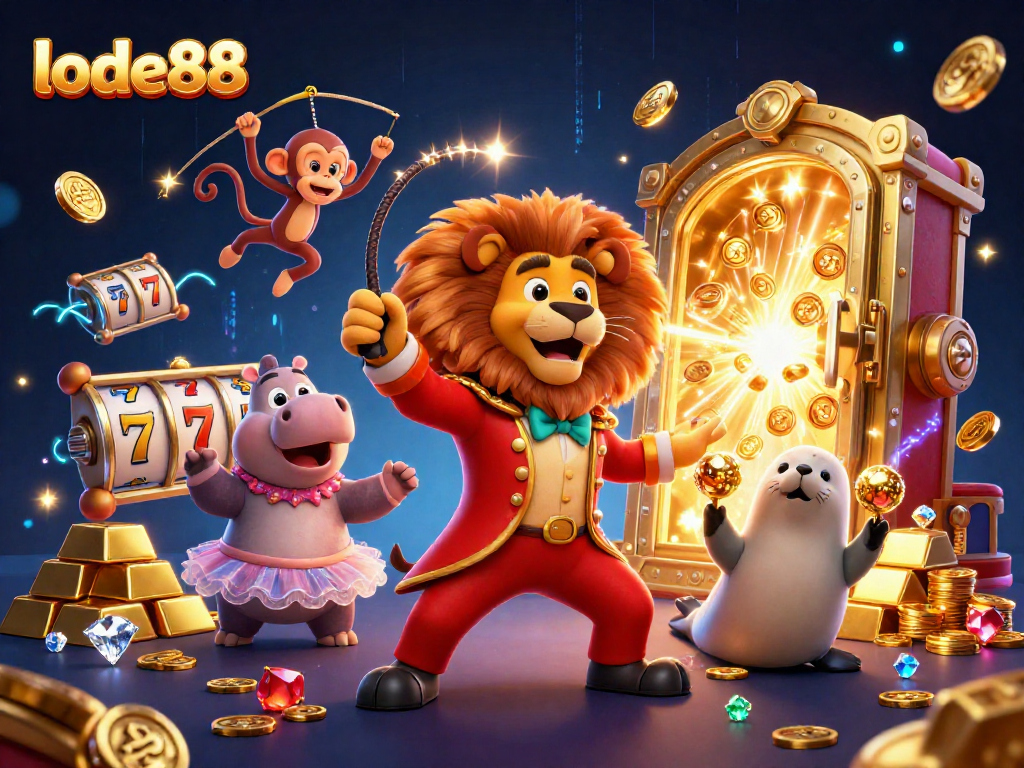 Experience the vibrant world of lode88 with lively circus characters amid jackpot thrills.