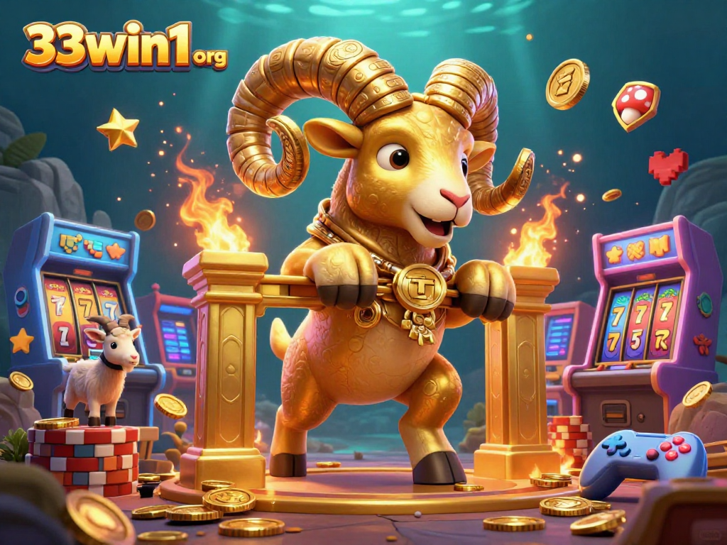 Experience excitement at 33win1 org with a lively scene of a golden ram charging through vibrant slots.