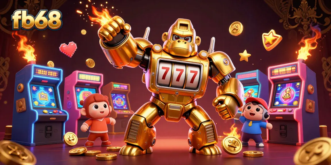 Experience explosive wins at fb68 with a vibrant 3D scene of a golden gorilla mech amidst dynamic casino elements.