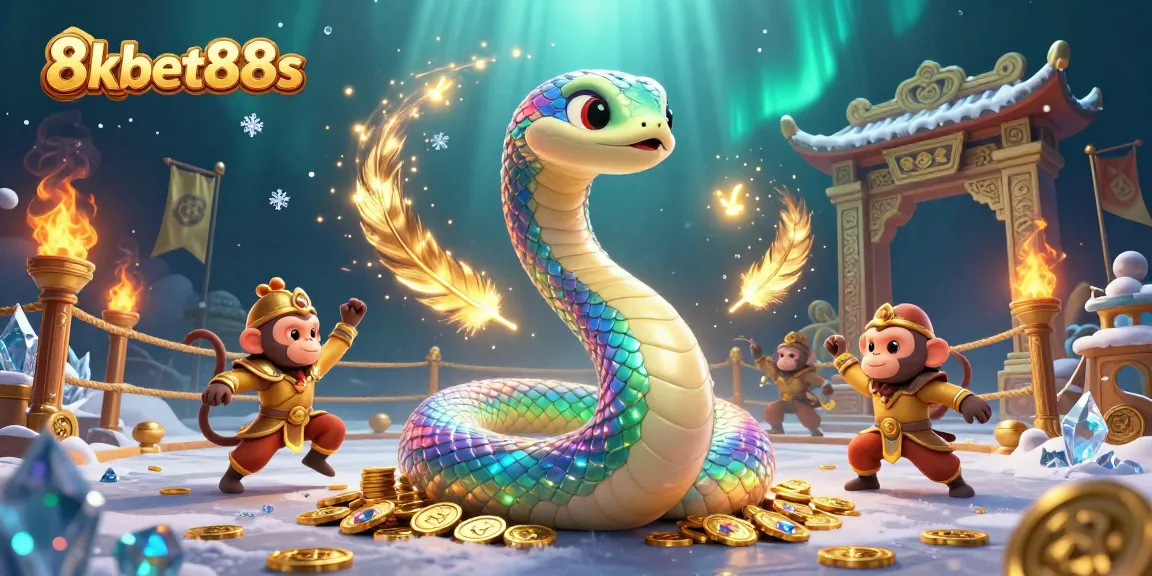 Immerse in 8kbet88s with a vibrant 3D scene showcasing a rainbow serpent and monkey king amidst magical casino elements.