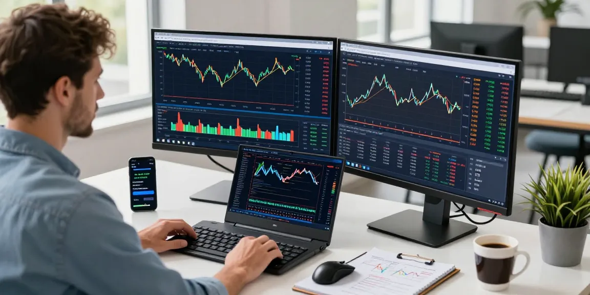 Dynamic trading environment showcasing MetaTrader 5 interface on dual monitors with live market analysis.