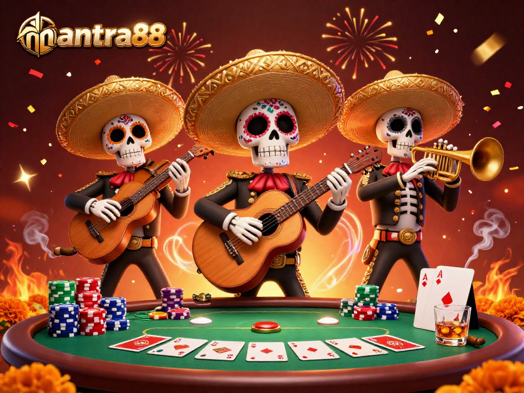 Experience the thrill at mantra88 with vibrant 3D mariachi characters at a lively poker table.
