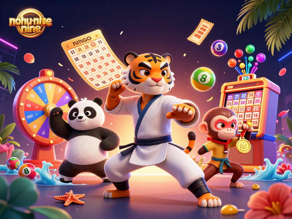 Experience the excitement of nohu-nine with vibrant cartoon characters amidst a lively casino scene.