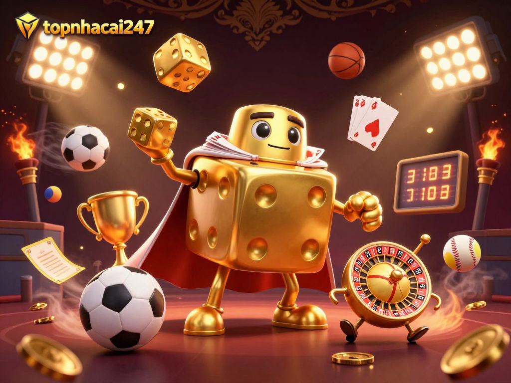 Experience thrilling bets with topnhacai247 in this vibrant 3D casino illustration.