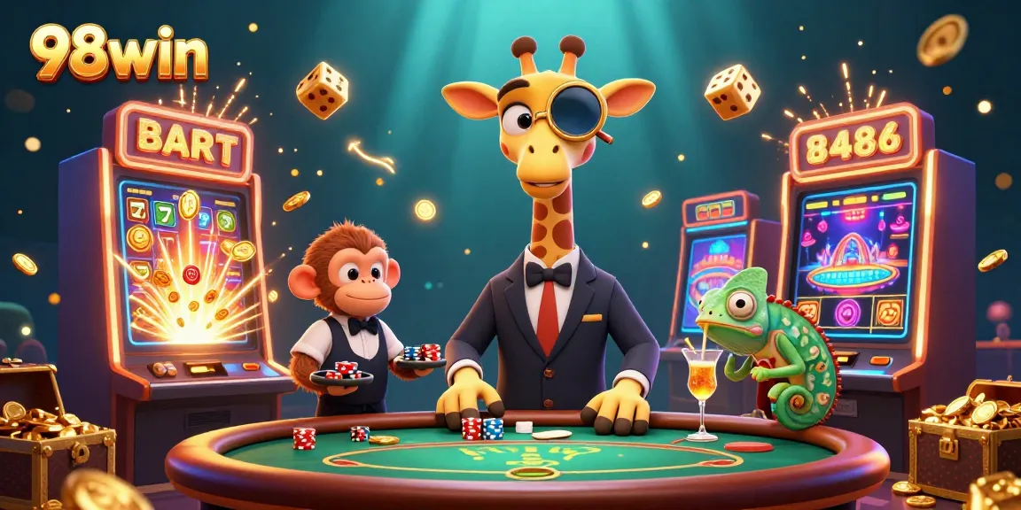 Experience fun gameplay at 98win with vibrant characters in a rich casino scene filled with dynamic elements.